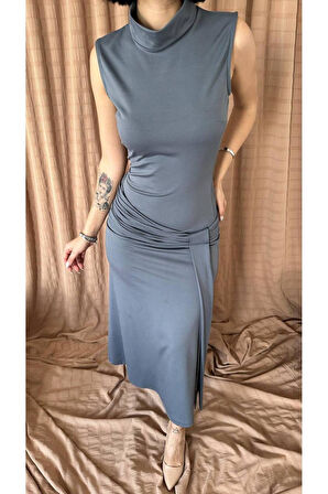 Bel büzgülü balıkçı yaka sıfır kol esnek elbise