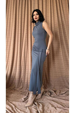 Bel büzgülü balıkçı yaka sıfır kol esnek elbise