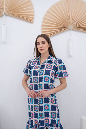 Hakim yaka renkli çiçek desenli önden düğmeli elbise