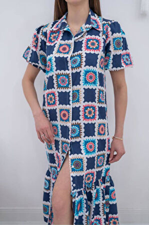 Hakim yaka renkli çiçek desenli önden düğmeli elbise