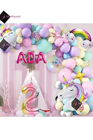 2 Yaş Ve 3 Harfli Gökkuşağı Konsepti Unicorn Temalı Makaron Balon Doğum Günü Parti Kutlama Seti