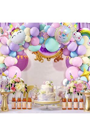 2 Yaş Ve 3 Harfli Gökkuşağı Konsepti Unicorn Temalı Makaron Balon Doğum Günü Parti Kutlama Seti