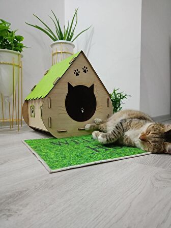 Kedi Evi -Yeşil çatı - M - Kedi Yuvası - Ahşap *Kitty Box*