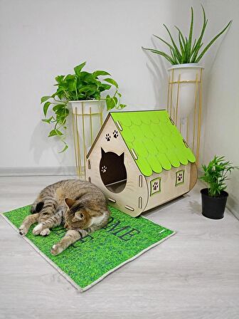 Kedi Evi -Yeşil çatı - M - Kedi Yuvası - Ahşap *Kitty Box*