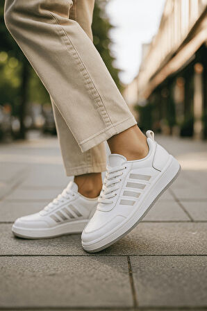 Günlük Unisex Sneaker Spor Ayakkabı Bağcıklı Çizgi Detaylı Rahat Hafif Bağcıklı Tırtık Taban 3438