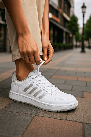 Günlük Unisex Sneaker Spor Ayakkabı Bağcıklı Çizgi Detaylı Rahat Hafif Bağcıklı Tırtık Taban 3438