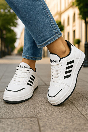 Günlük Unisex Sneaker Spor Ayakkabı Bağcıklı Çizgi Detaylı Rahat Hafif Bağcıklı Tırtık Taban 3438