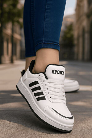 Günlük Unisex Sneaker Spor Ayakkabı Bağcıklı Çizgi Detaylı Rahat Hafif Bağcıklı Tırtık Taban 3438