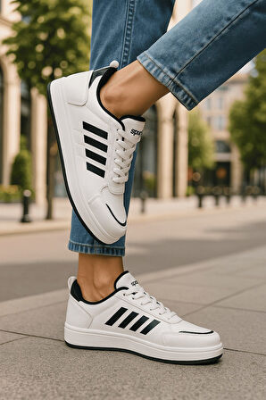 Günlük Unisex Sneaker Spor Ayakkabı Bağcıklı Çizgi Detaylı Rahat Hafif Bağcıklı Tırtık Taban 3438
