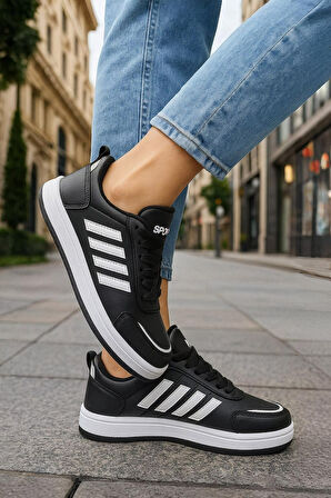 Günlük Unisex Sneaker Spor Ayakkabı Bağcıklı Çizgi Detaylı Rahat Hafif Bağcıklı Tırtık Taban 3438