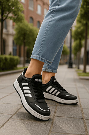 Günlük Unisex Sneaker Spor Ayakkabı Bağcıklı Çizgi Detaylı Rahat Hafif Bağcıklı Tırtık Taban 3438