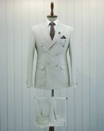 Beystil Sivri Yaka Krem Çizgili Kruvaze Takım Elbise Togo - Slim Fit