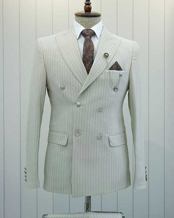 Beystil Sivri Yaka Krem Çizgili Kruvaze Takım Elbise Togo - Slim Fit