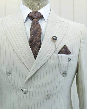 Beystil Sivri Yaka Krem Çizgili Kruvaze Takım Elbise Togo - Slim Fit