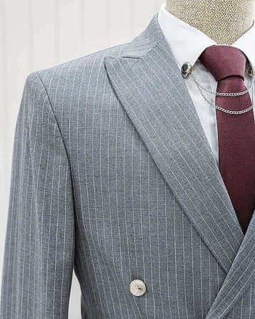 Beystil Sivri Yaka Gri Çizgili Kruvaze Takım Elbise Togo - Slim Fit