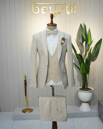Beystil Erkek Krem Slimfit Yelekli Damatlık & Smokin 20103