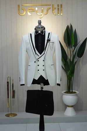 Beystil Erkek Beyaz Slimfit Yelekli Damatlık & Smokin 8601
