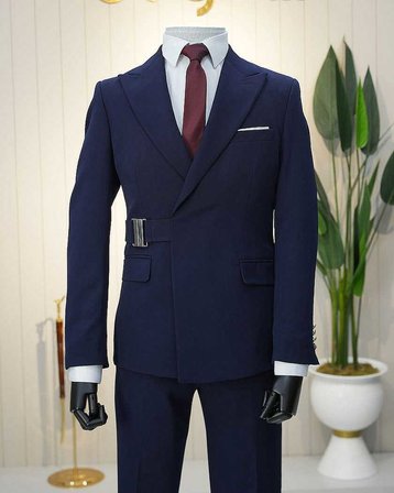Beystil Erkek Lacivert Slimfit Beli Tokalı Takım Elbise