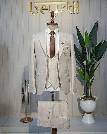 Beystil Sivri Yaka Krem Yelekli Kırçıllı Takım Elbise Storm- Slim Fit