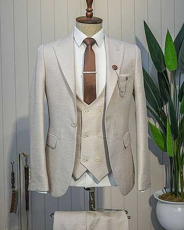 Beystil Sivri Yaka Krem Yelekli Kırçıllı Takım Elbise Storm- Slim Fit