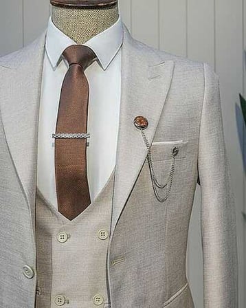 Beystil Sivri Yaka Krem Yelekli Kırçıllı Takım Elbise Storm- Slim Fit