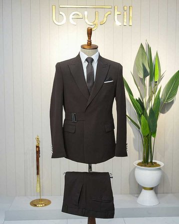 Beystil Erkek Kahve Slimfit Beli Tokalı Takım Elbise