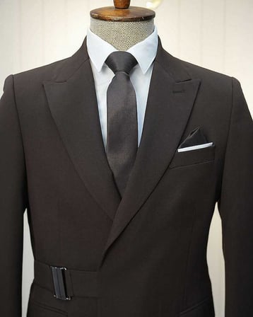 Beystil Erkek Kahve Slimfit Beli Tokalı Takım Elbise