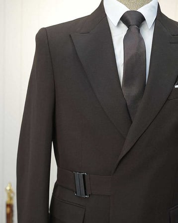 Beystil Erkek Kahve Slimfit Beli Tokalı Takım Elbise