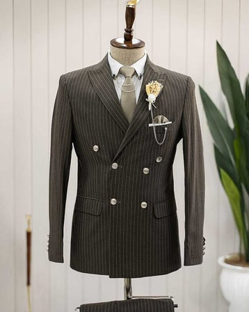 Beystil Sivri Yaka Haki Çizgili Kruvaze Takım Elbise Bezayak036 - Slim Fit