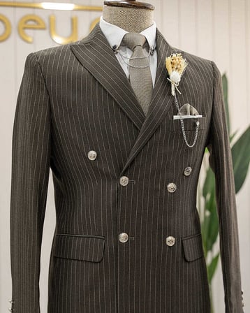 Beystil Sivri Yaka Haki Çizgili Kruvaze Takım Elbise Bezayak036 - Slim Fit