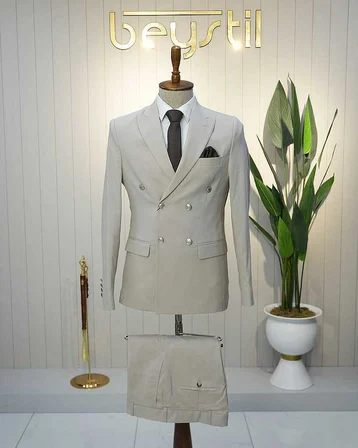 Beystil Sivri Yaka Krem Kruvaze Takım Elbise Nikol - Slim Fit