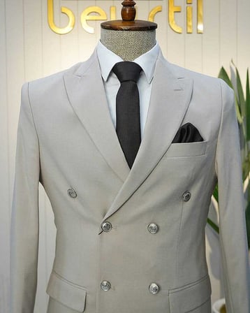 Beystil Sivri Yaka Krem Kruvaze Takım Elbise Nikol - Slim Fit