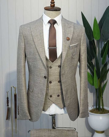 Beystil Sivri Yaka Kahve Yelekli Kırçıllı Takım Elbise Storm- Slim Fit