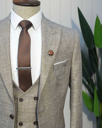 Beystil Sivri Yaka Kahve Yelekli Kırçıllı Takım Elbise Storm- Slim Fit