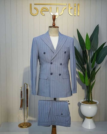 Beystil Sivri Yaka Mavi Çizgili Kruvaze Takım Elbise 53151 - Slim Fit