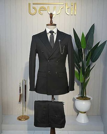 Beystil Oscar Slim Fit Siyah Kruvaze Takım Elbise Nikol