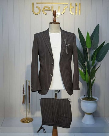 Beystil Kahve Spor Casual Çizgili Takım Elbise Parodi -Slim Fit
