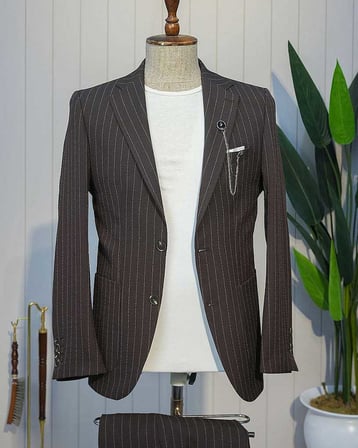 Beystil Kahve Spor Casual Çizgili Takım Elbise Parodi -Slim Fit