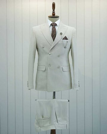 Beystil Sivri Yaka Krem Çizgili Kruvaze Takım Bezayak - Slim Fit