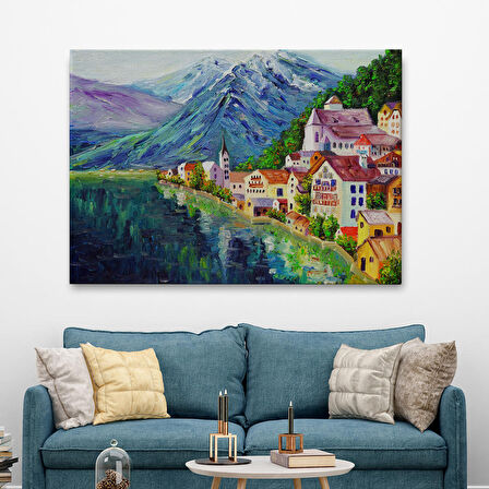 Avusturya Hallstatt Yağlıboya Görünüm Dekoratif Kanvas Duvar Tablosu-3438