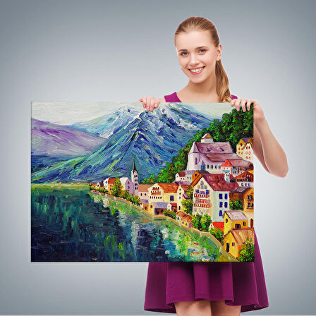 Avusturya Hallstatt Yağlıboya Görünüm Dekoratif Kanvas Duvar Tablosu-3438