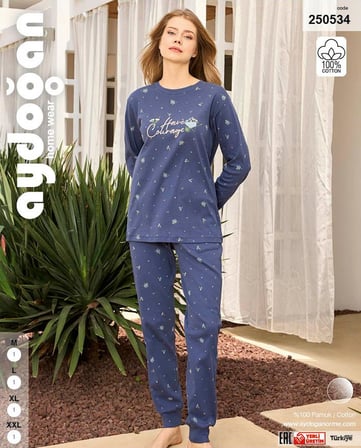 Aydoğan Kadın Lavin Ribana Manşetli Mavimsi Mor Koton Pijama Takım 0534