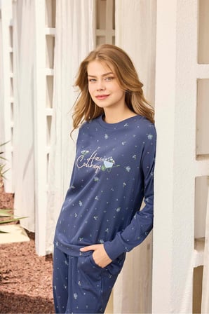 Aydoğan Kadın Lavin Ribana Manşetli Mavimsi Mor Koton Pijama Takım 0534