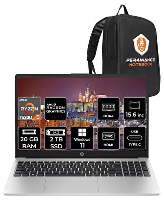 HP 255 G10 Ryzen 5 7530U 20GB RAM 2TB SSD 15.6'' FHD W11PRO 8A547EA & PER4 ÇANTA