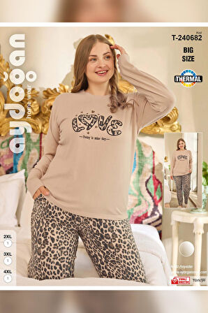 Aydoğan Kadın Suzi Büyük Beden Termal Leopar Bej Pijama Takım 0682