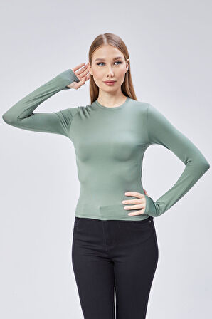 Basic Bisiklet Yaka Uzun Kollu Slim Fit Kadın Body T-shirt