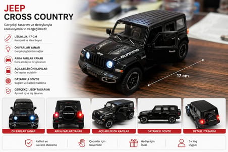 Vardem Oyuncak 17 cm Işıklı Jeep Cross Country Metal Görünümlü Oyuncak Araba Siyah