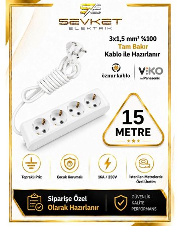Viko 4'lü Grup Priz 15 Metre Beyaz 3x1,5 Mm Kalın Kablolu Uzatma Kablosu