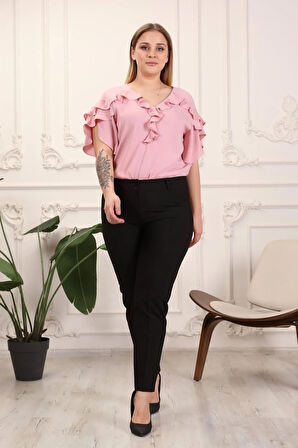 Kadın Siyah Büyük Beden Kemerli Kumaş Pantolon