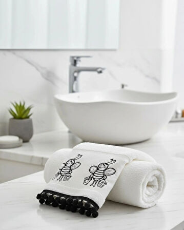 Arı Nakışlı 100% Pamuk El Yüz Havlusu 50x90